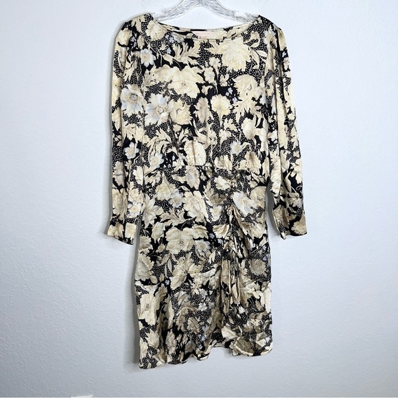Rebecca Taylor Dress Women Size 10 Silk Gold Leaf Scrunched Tie Mini Ruched T - Picture 3 of 11
